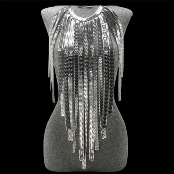 Silver Gold and Gunmetal Long Fringe Metal Statement Body Chain Necklace - Picture 5 of 6